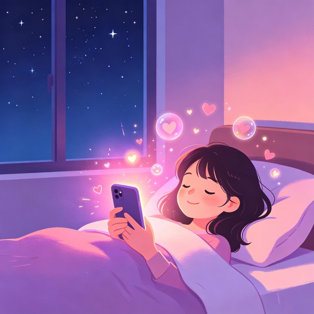 夜色ai 女孩在夜晚与AI伴侣温暖聊天的插画